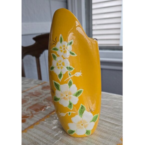 Yellow Ceramic Vase with Hand Painted Dogwood Flowers, 1973, Modern, 7.5" Tall - Picture 2 of 8